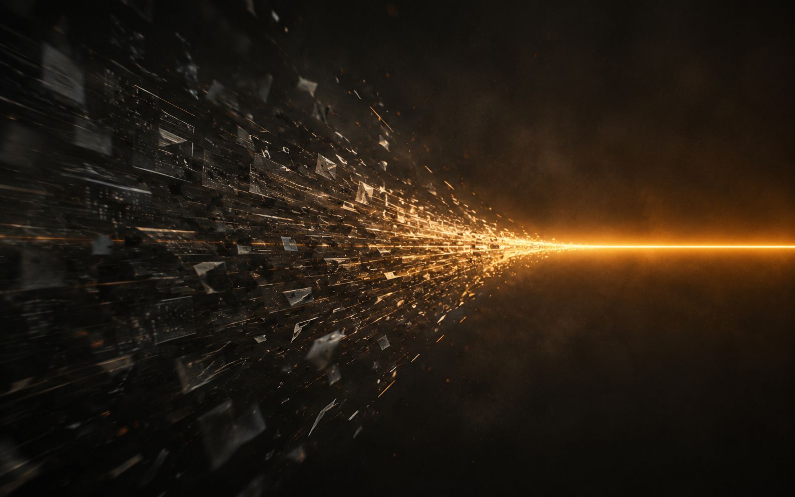 A storm of grey data fragments resolving into a single clean line of amber light