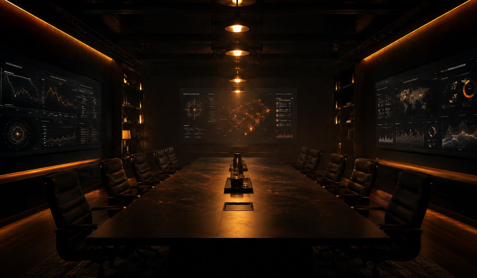An exclusive dim war room: a long dark table with warm amber down-lights and AI dashboards glowing on the walls